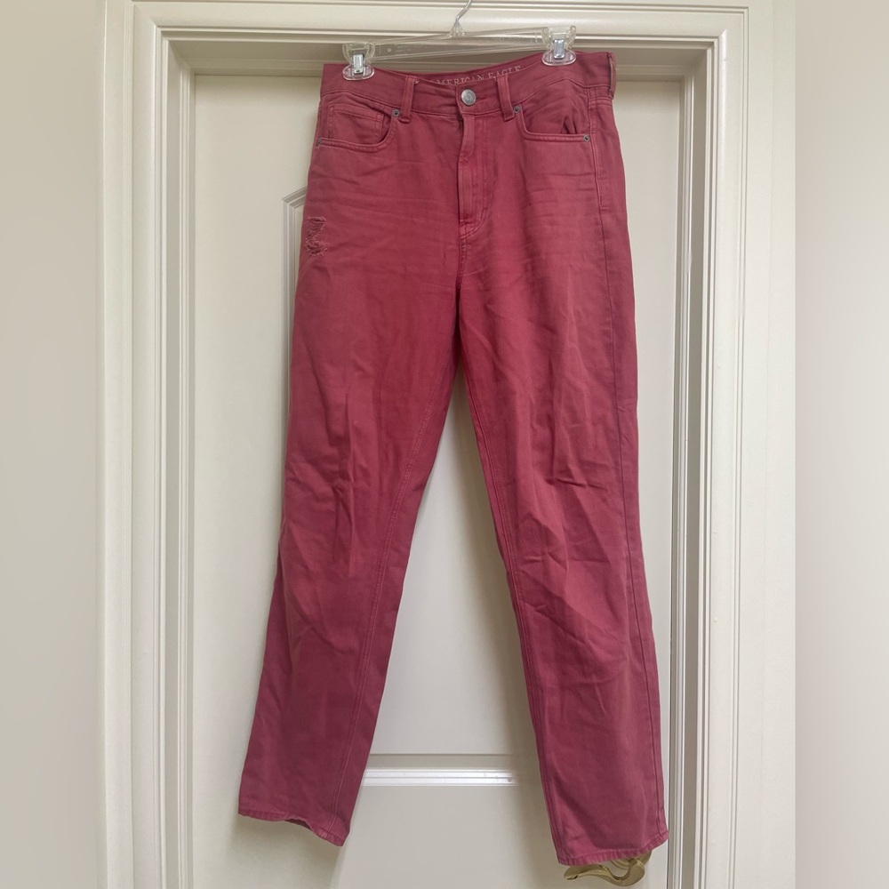 Dark pink distressed mom jeans